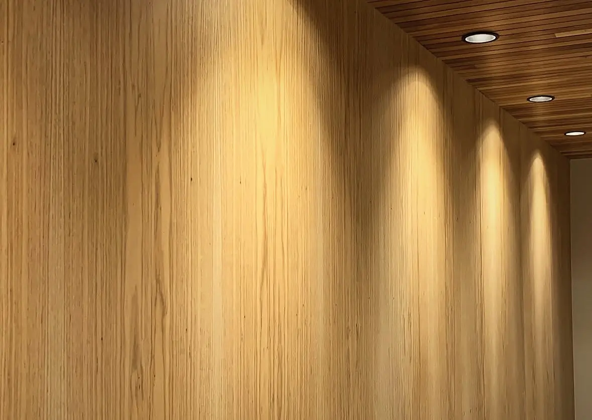 Painel de madeira natural com iluminação embutida